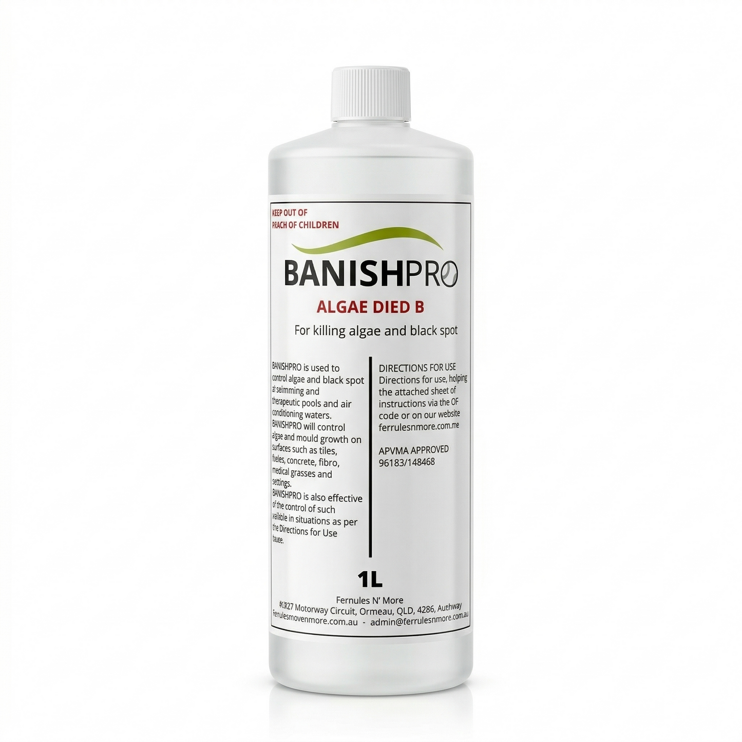 Bottle of BanishPro Algae Died B on a white background
