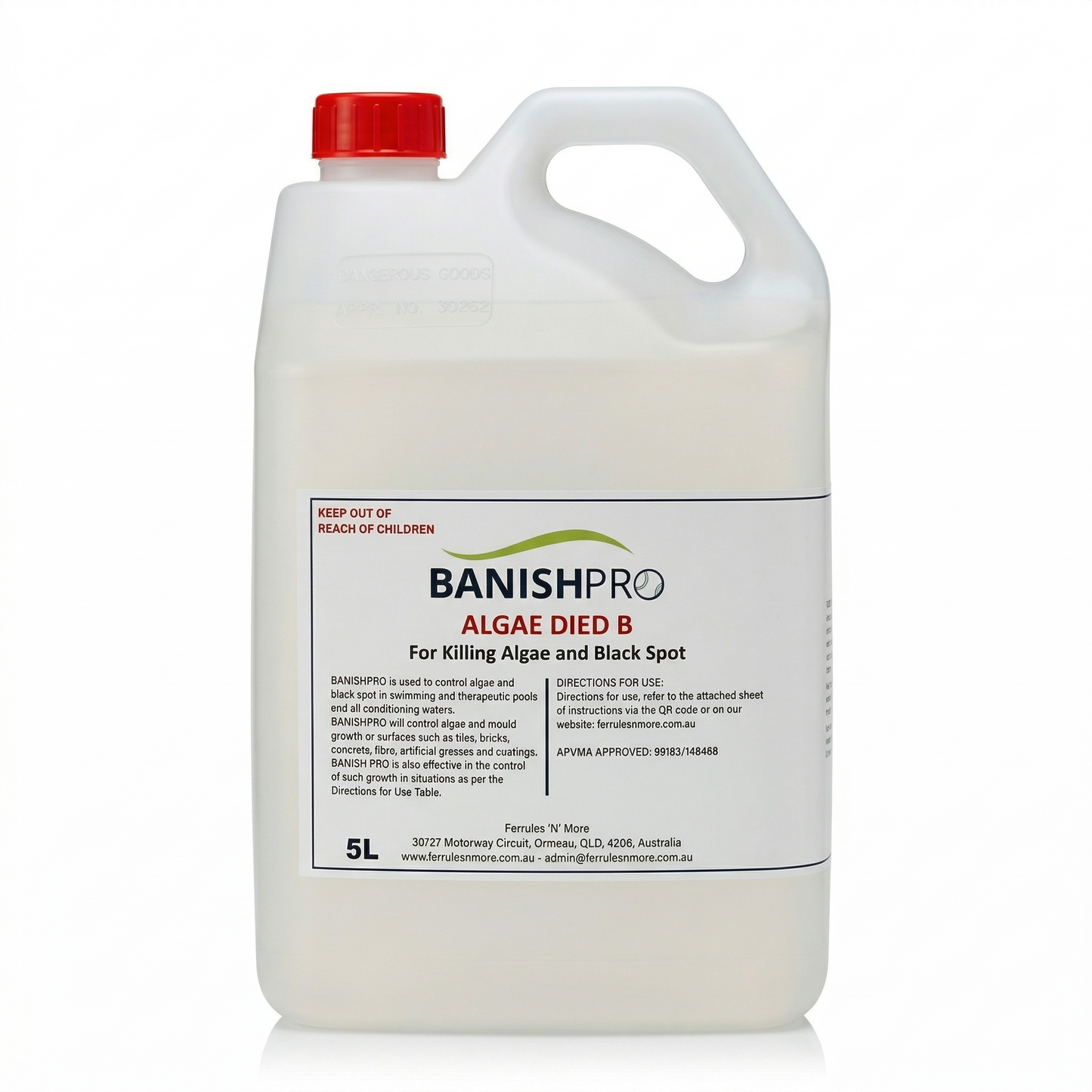 Large white container of BanishPro Algae Died B on a white background